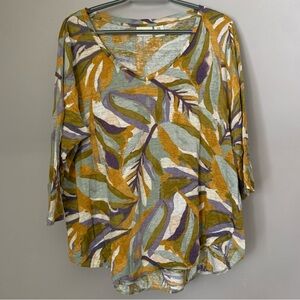 Rachel Zoe Multicolor Leaf Print Blouse 100% Linen 1x